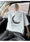 Baskılı Oversize Bisiklet Yaka T-shirt - Beyaz
