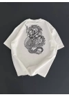 Baskılı Oversize Bisiklet Yaka T-shirt - Beyaz