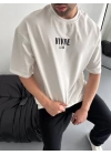Baskılı Oversize Bisiklet Yaka T-shirt - Beyaz