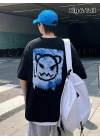 Baskılı Oversize Bisiklet Yaka T-shirt - Siyah