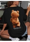 Baskılı Oversize Bisiklet Yaka T-shirt - Siyah