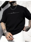 Baskılı Oversize Bisiklet Yaka T-shirt - Siyah