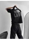 Baskılı Oversize Bisiklet Yaka T-shirt - Siyah