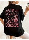 Baskılı Oversize Bisiklet Yaka T-shirt - Siyah