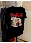 Baskılı Oversize Bisiklet Yaka T-shirt - Siyah
