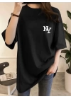 Baskılı Oversize Bisiklet Yaka T-shirt - Siyah