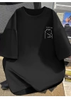 Baskılı Oversize Bisiklet Yaka T-shirt - Siyah