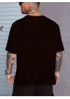 Baskılı Oversize Bisiklet Yaka T-shirt - Siyah