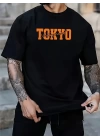 Baskılı Oversize Bisiklet Yaka T-shirt - Siyah