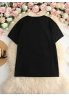 Baskılı Oversize Bisiklet Yaka T-shirt - Siyah