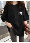 Baskılı Oversize Bisiklet Yaka T-shirt - Siyah