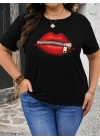 Baskılı Oversize Bisiklet Yaka T-shirt - Siyah