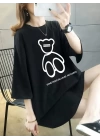 Baskılı Oversize Bisiklet Yaka T-shirt - Siyah