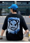 Baskılı Oversize Bisiklet Yaka T-shirt - Siyah