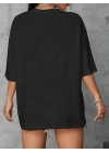 Baskılı Oversize Bisiklet Yaka T-shirt - Siyah