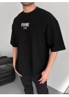 Baskılı Oversize Bisiklet Yaka T-shirt - Siyah