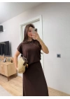 Bisiklet Yaka Bluz Uzun Etekli ikili Takım Triko - Kahve