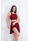 Crop Şortlu Etek ikili Takım - Bordo