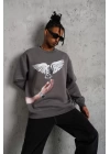 Erkek Güvercin Baskılı Sweatshirt - Gri