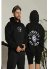 Erkek Sırt Baskılı Oversize Üç İplik Kapüşonlu Hoodie Sweatshirt - Siyah