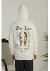 Erkek Sırt Baskılı Oversize Üç İplik Kapüşonlu Sweatshirt - Beyaz