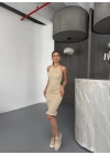 Fırfır Detaylı Triko Elbise- Bej