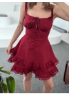 Fırfırlı Askılı Mini Elbise - Bordo