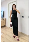 Fitilli Triko Elbise Maxi Uzun boy - Siyah