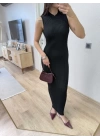 Fitilli Triko Elbise Maxi Uzun boy - Siyah