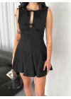 Göğüs Bağlamalı Kolsuz Mini Boy Elbise - Siyah