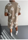 İki İplik Kumaş Baskılı T-shirt Şortlu Takım- Bej