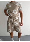 İki İplik Kumaş Baskılı T-shirt Şortlu Takım- Bej