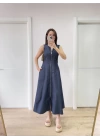 Jeans Kot Önü Tam Fermuarlı Uzun Elbise - Mavi