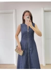 Jeans Kot Önü Tam Fermuarlı Uzun Elbise - Mavi