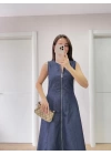 Jeans Kot Önü Tam Fermuarlı Uzun Elbise - Mavi