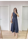 Jeans Kot Önü Tam Fermuarlı Uzun Elbise - Mavi