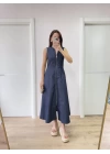 Jeans Kot Önü Tam Fermuarlı Uzun Elbise - Mavi