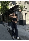 Kadın  Arkadan Yırtmaçlı Jeans Kot Palazzo Pantolon - Siyah