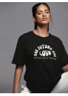 Kadın Baskılı Oversize T-shirt - Siyah