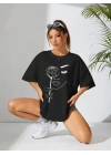 Kadın Baskılı Oversize T-shirt - Siyah