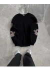 Kadın Bisiklet Yaka Baskılı SweatShirt - Siyah