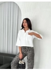 Kadın Crop Yakalı Gömlek Üç Çeyrek Sleeve Kol - Beyaz