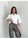 Kadın Crop Yakalı Gömlek Üç Çeyrek Sleeve Kol - Beyaz