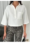 Kadın Crop Yakalı Gömlek Üç Çeyrek Sleeve Kol - Beyaz
