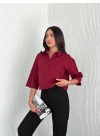Kadın Crop Yakalı Gömlek Üç Çeyrek Sleeve Kol - Bordo