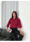 Kadın Crop Yakalı Gömlek Üç Çeyrek Sleeve Kol - Bordo