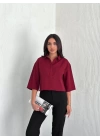 Kadın Crop Yakalı Gömlek Üç Çeyrek Sleeve Kol - Bordo