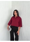 Kadın Crop Yakalı Gömlek Üç Çeyrek Sleeve Kol - Bordo