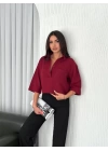 Kadın Crop Yakalı Gömlek Üç Çeyrek Sleeve Kol - Bordo