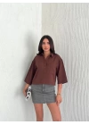 Kadın Crop Yakalı Gömlek Üç Çeyrek Sleeve Kol - Kahverengi